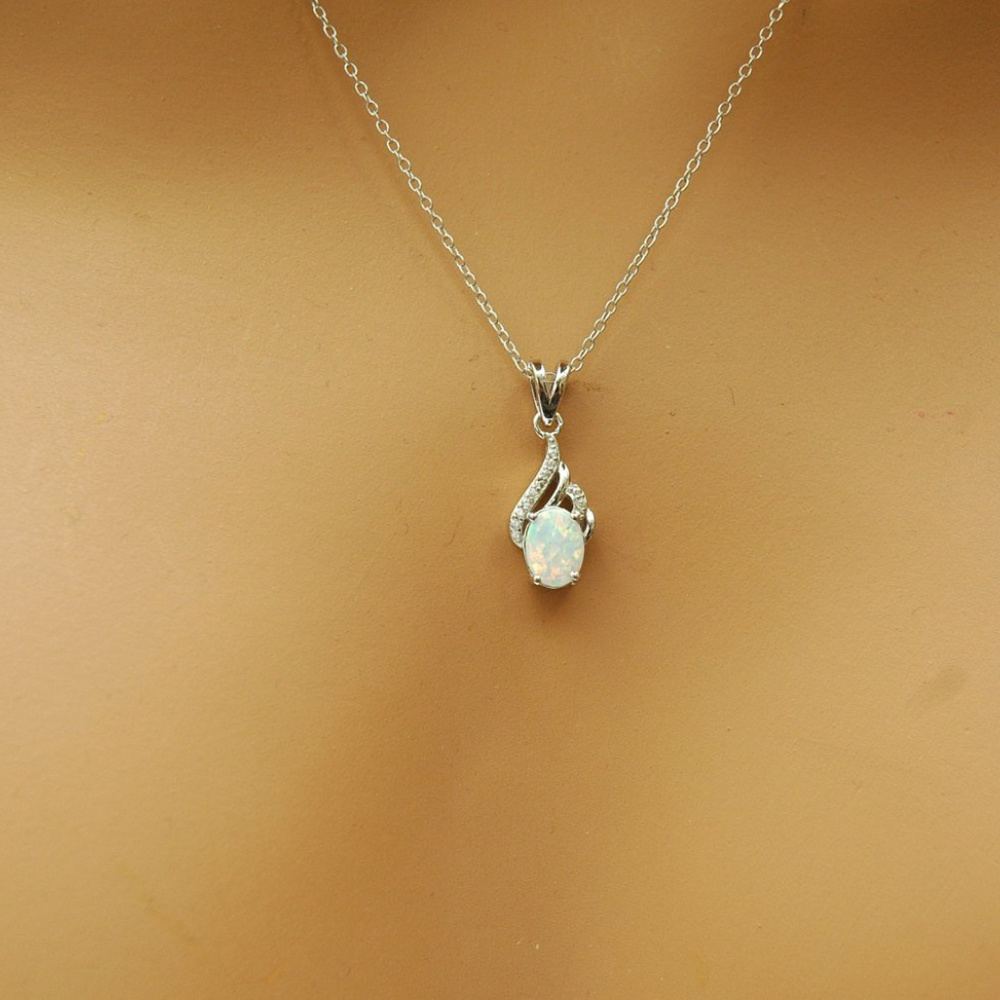 White Opal Pendant Necklace with Pave CZ - Picture 2 of 3